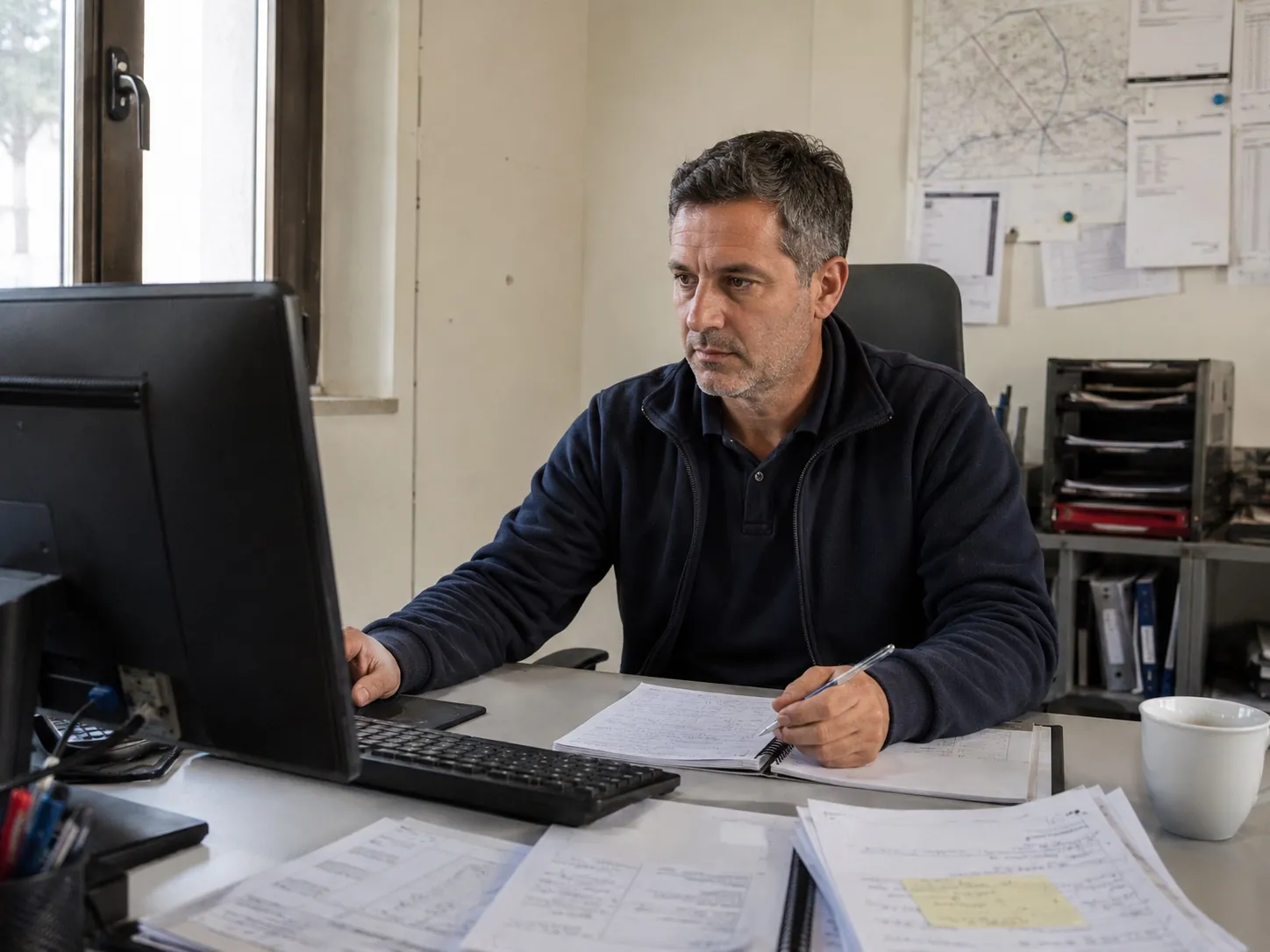 Responsabile in ufficio al computer che prepara commesse, clienti e tecnici