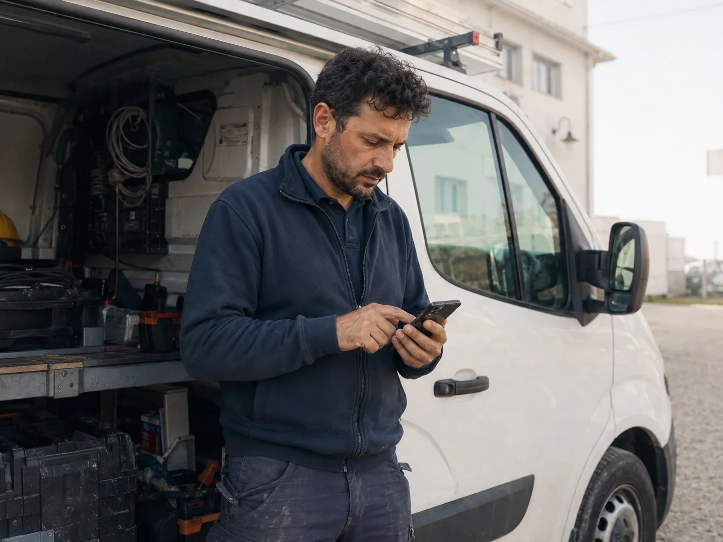 Tecnico che compila il rapporto dallo smartphone accanto al furgone aziendale