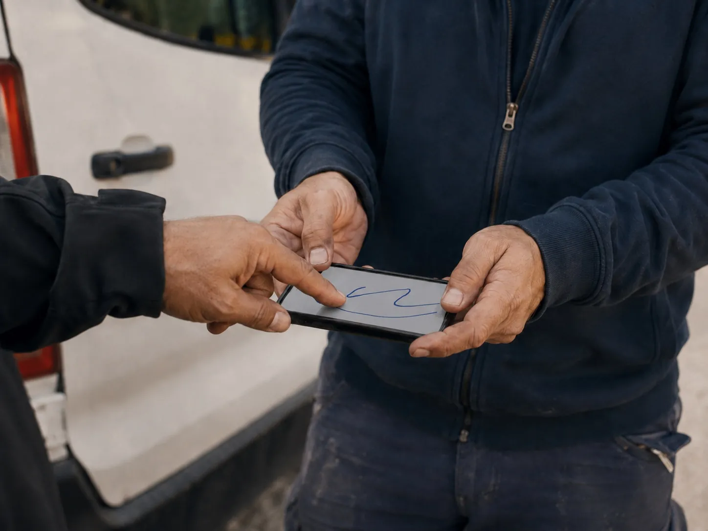 Cliente che firma il rapporto sullo smartphone del tecnico