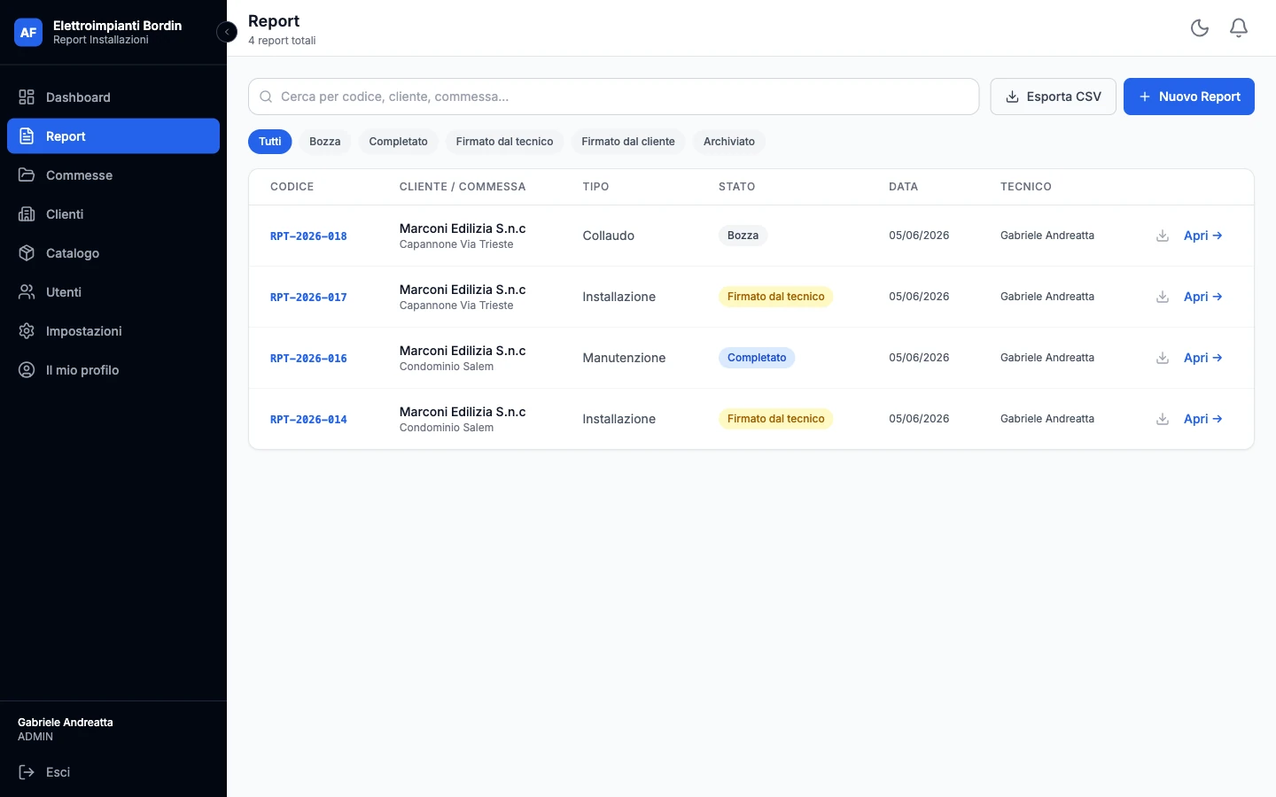Lista report, ore e commesse nella dashboard